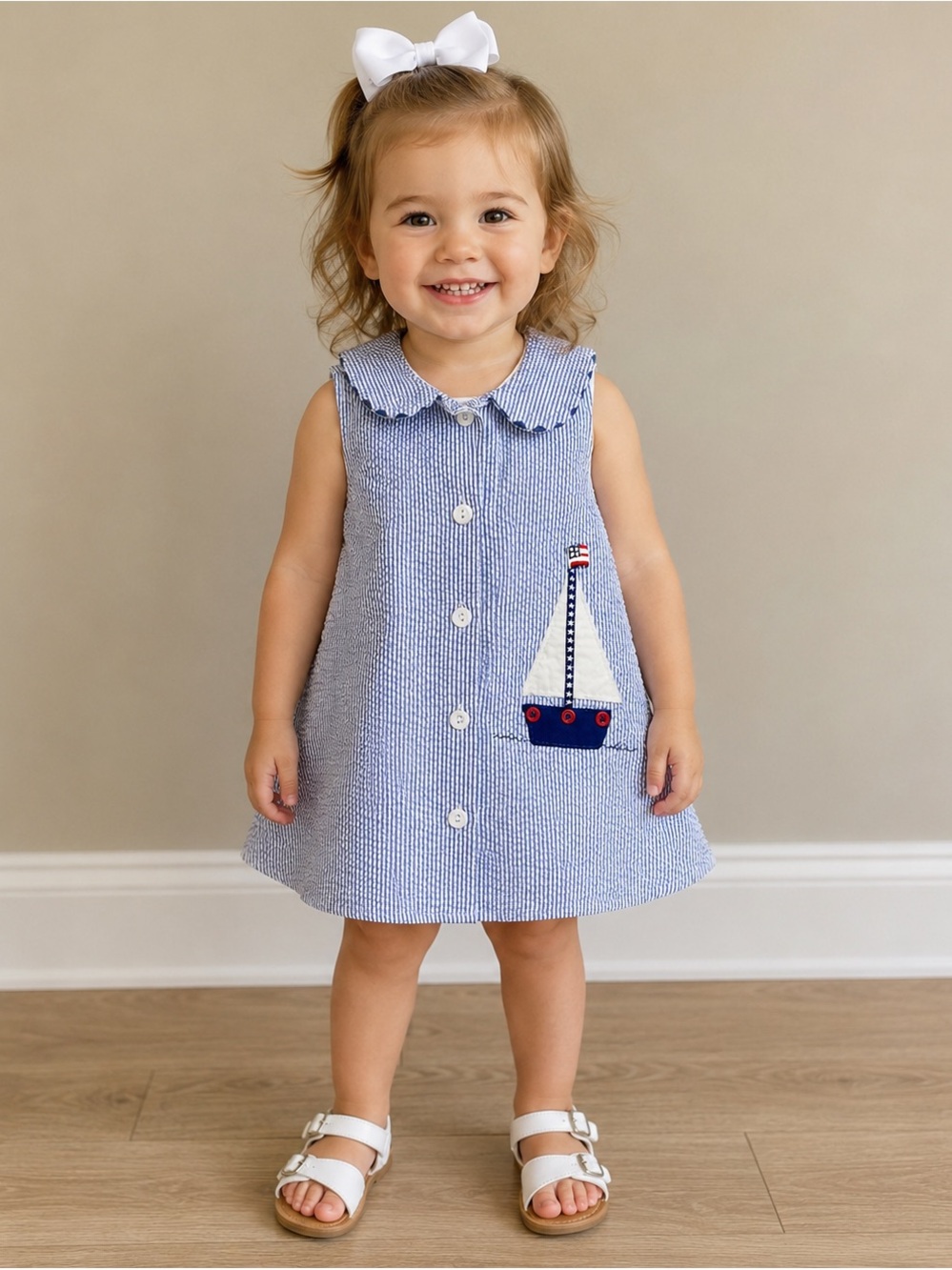 The Bailey Boys Girls Blue Seersucker Sailboat A-Line Dress